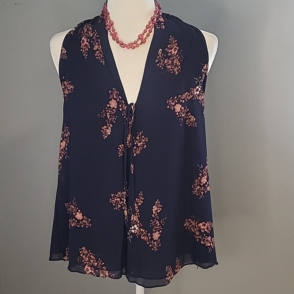 Derek Lam 10 Crosby Blue with Pink Floral V-Neck Flowy Sleeveless Top - Sz 2